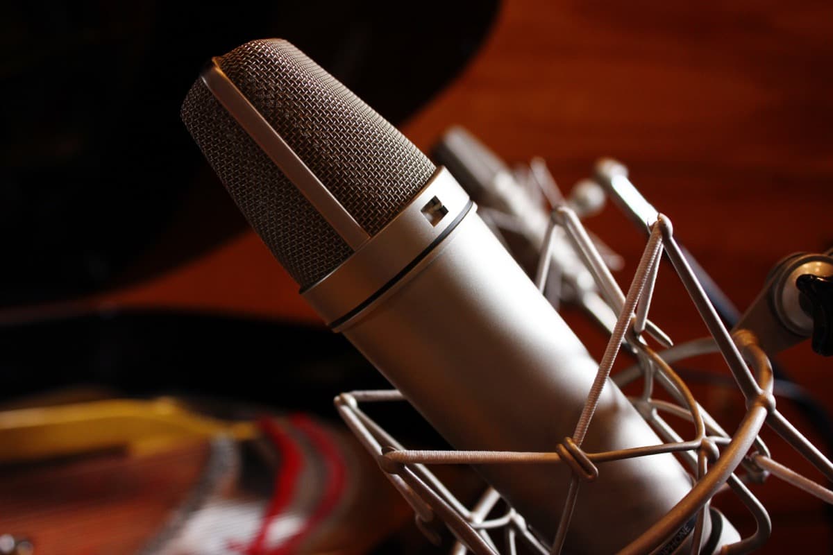 Studio condenser microphone in a recording booth